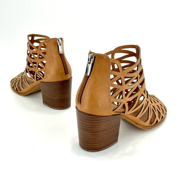Vince Camuto Open Toe Bootie Sz 10 Tan/Brown Cut-Out Leather Stacked Block Heel - Picture 12 of 16